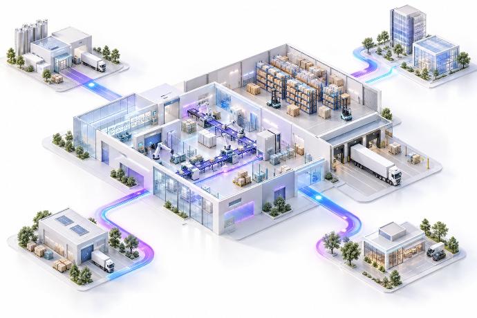 Conceptual connected sales, inventory, manufacturing and logistics operation