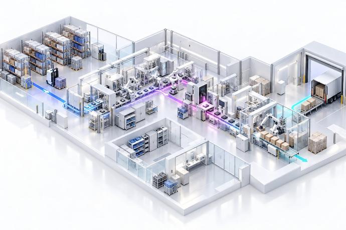 Conceptual manufacturing operation showing materials, production, inspection and finished goods