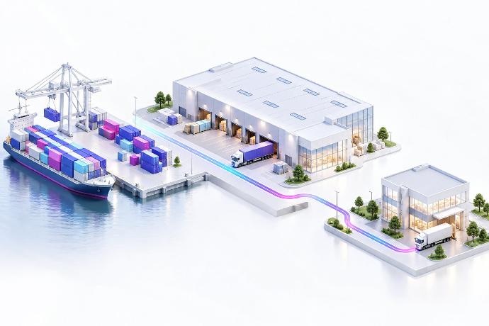 Conceptual cargo terminal, warehouse and delivery workflow